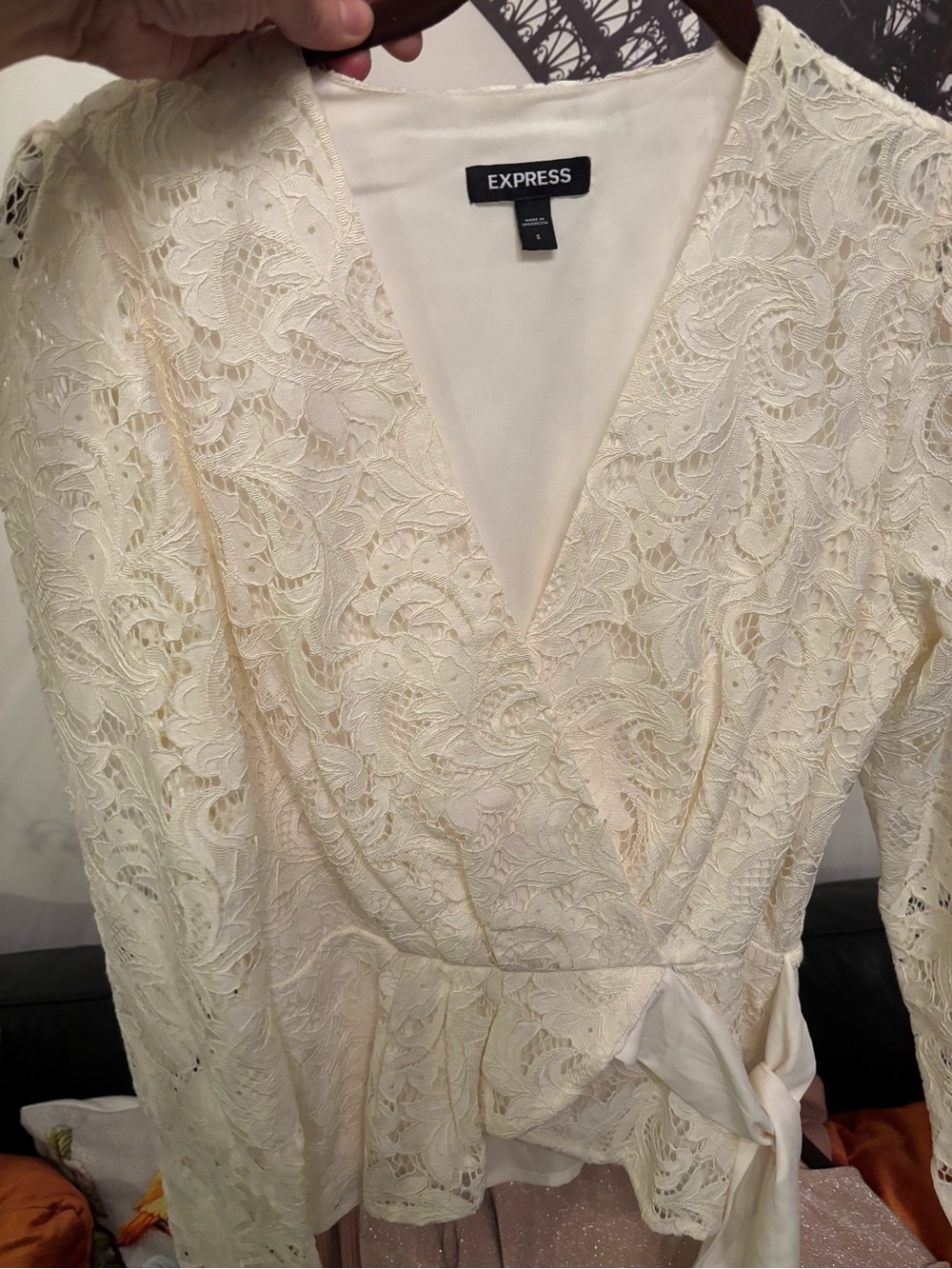 Express Cream Lace Wrap Blouse with Tie Sz S